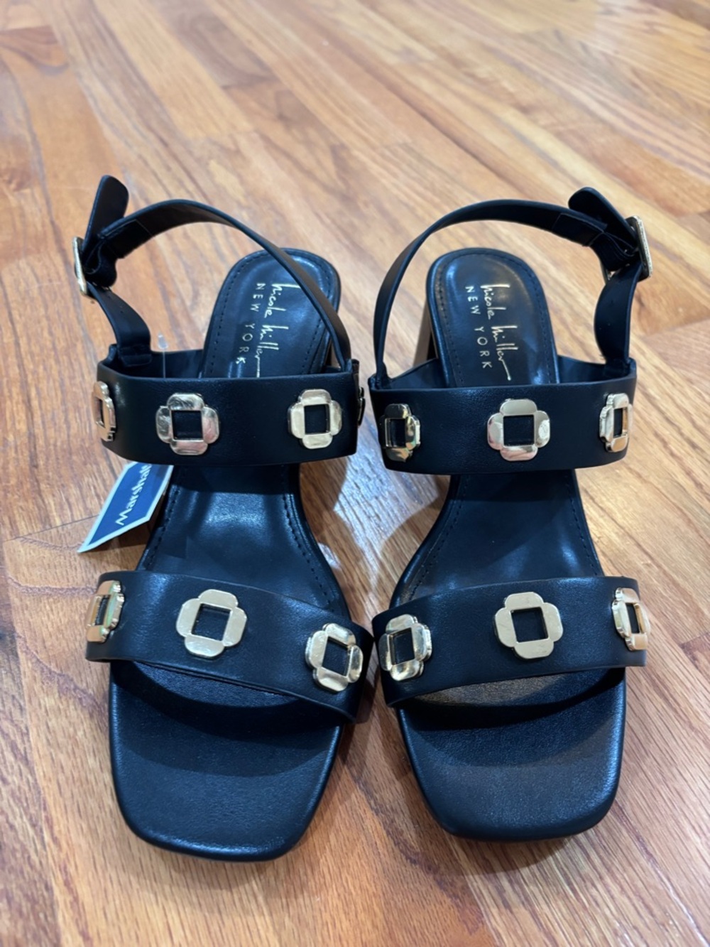 NWT Nicole Miller Black Leather Gold-Accent Sandals 8.5
